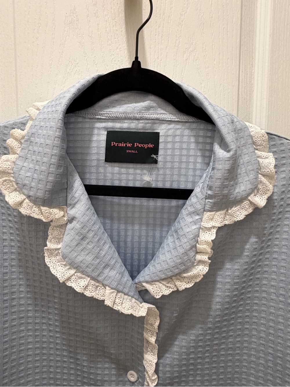 Blue Prairie People button up shirt with white lace trim. Size S
